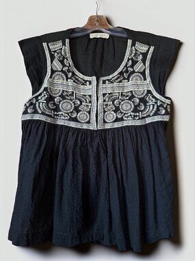 Lucky Brand Black Embroidered Flutter Sleeve Cotton Peasant Top Boho Size Small